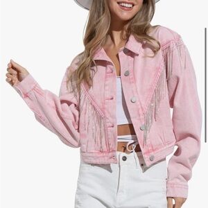 Womens Denim Jacket with Fringe Rhinestones Long Sleeve Casual Tassel Jean Coat